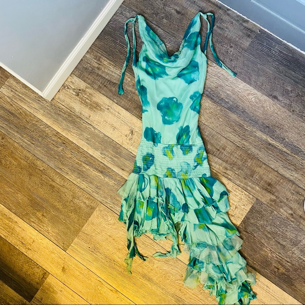 BEBE Aqua Blue Green Floral Chiffon Dress